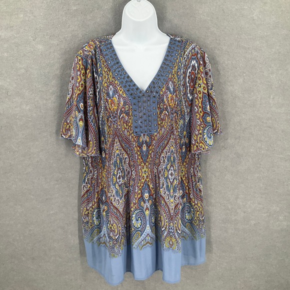 Catherines Top 1X Paisley Print Embellished V Neck Blouse Womens 18/20W Flowy - Picture 1 of 8
